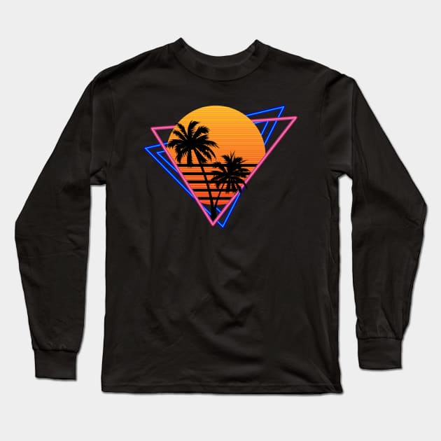 80s Retro Neon Synthwave Inspired Sunset and Palm Trees Long Sleeve T-Shirt by Brobocop